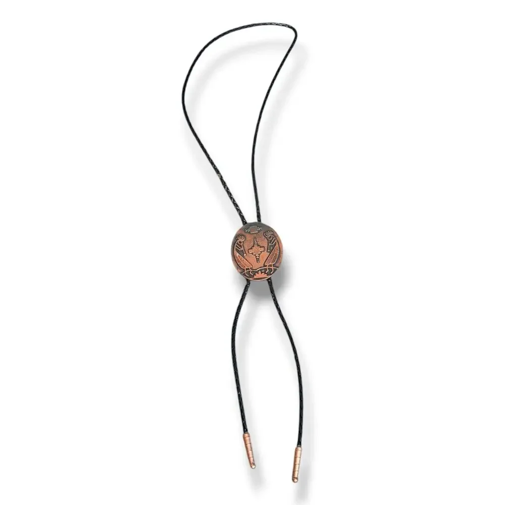 Vintage Copper Kokopelli Bolo Tie Southwestern Flute Player Black Cord Tips